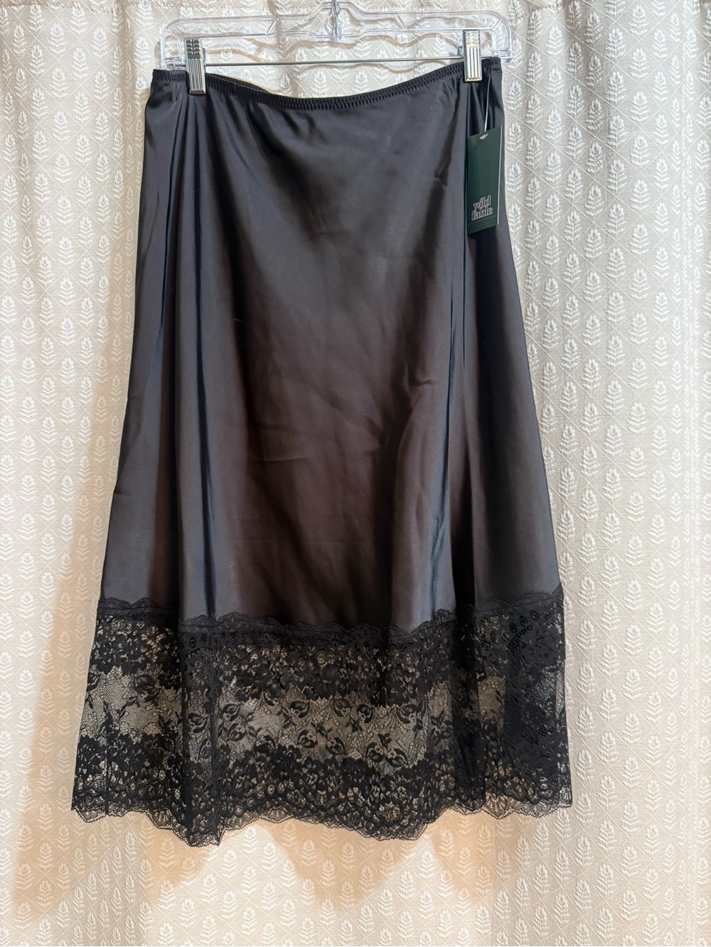 wild fable Black Satin Midi Skirt with Lace Hem